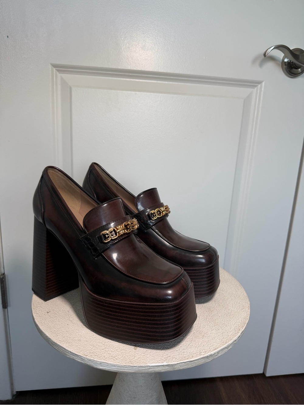 Sam Edelman Dark Brown Platform Loafer Heels with Gold Chain